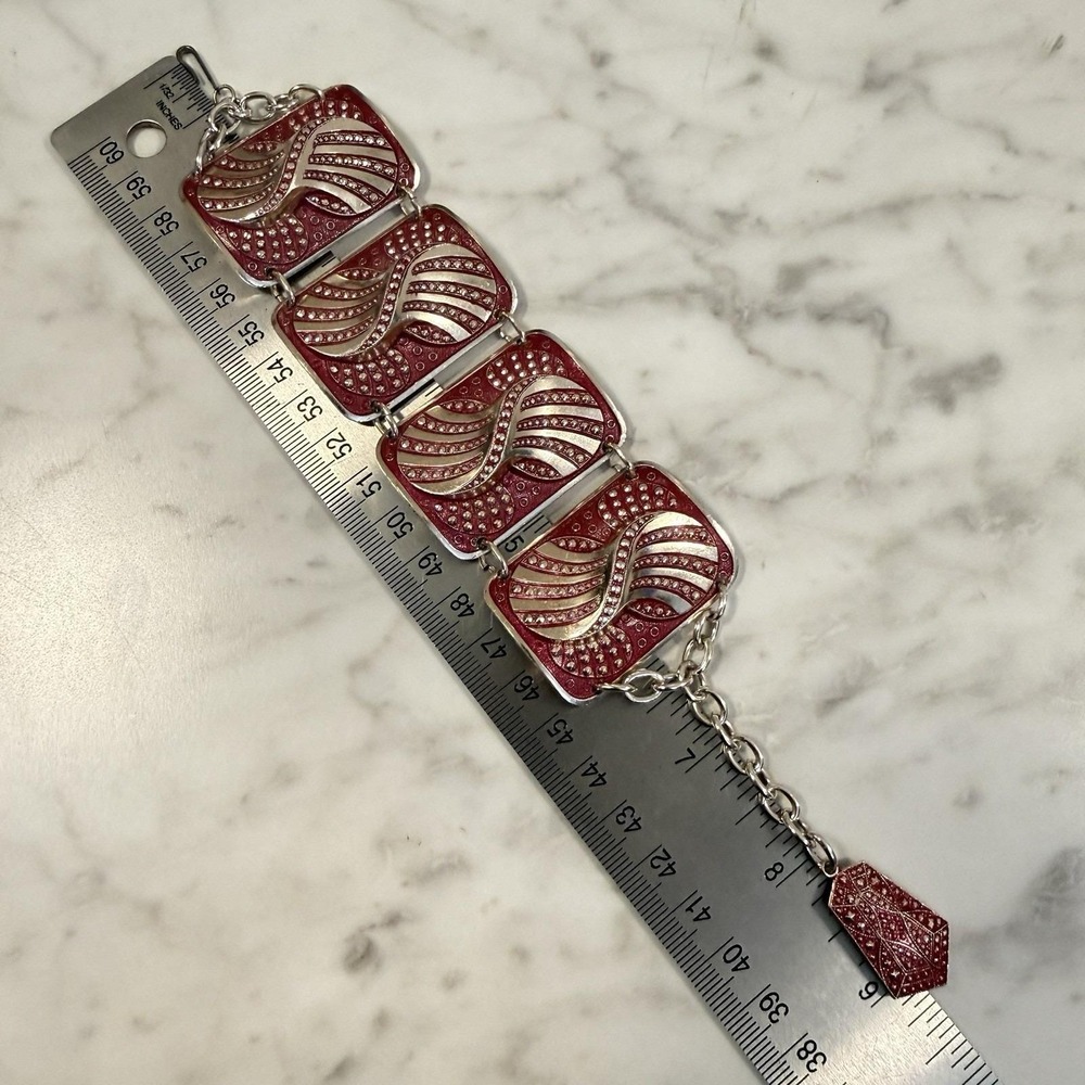 Vintage West Germany Eloxal Modernist Panel Bracelet Aluminum Pink Enamel - Picture 7 of 8